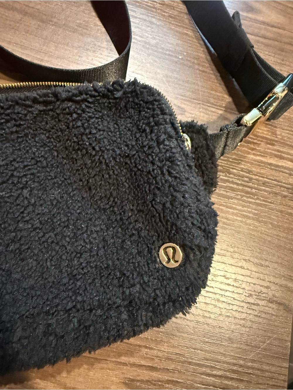 lululemon athletica Black Sherpa Crossbody Belt Bag with Gold Hardware
